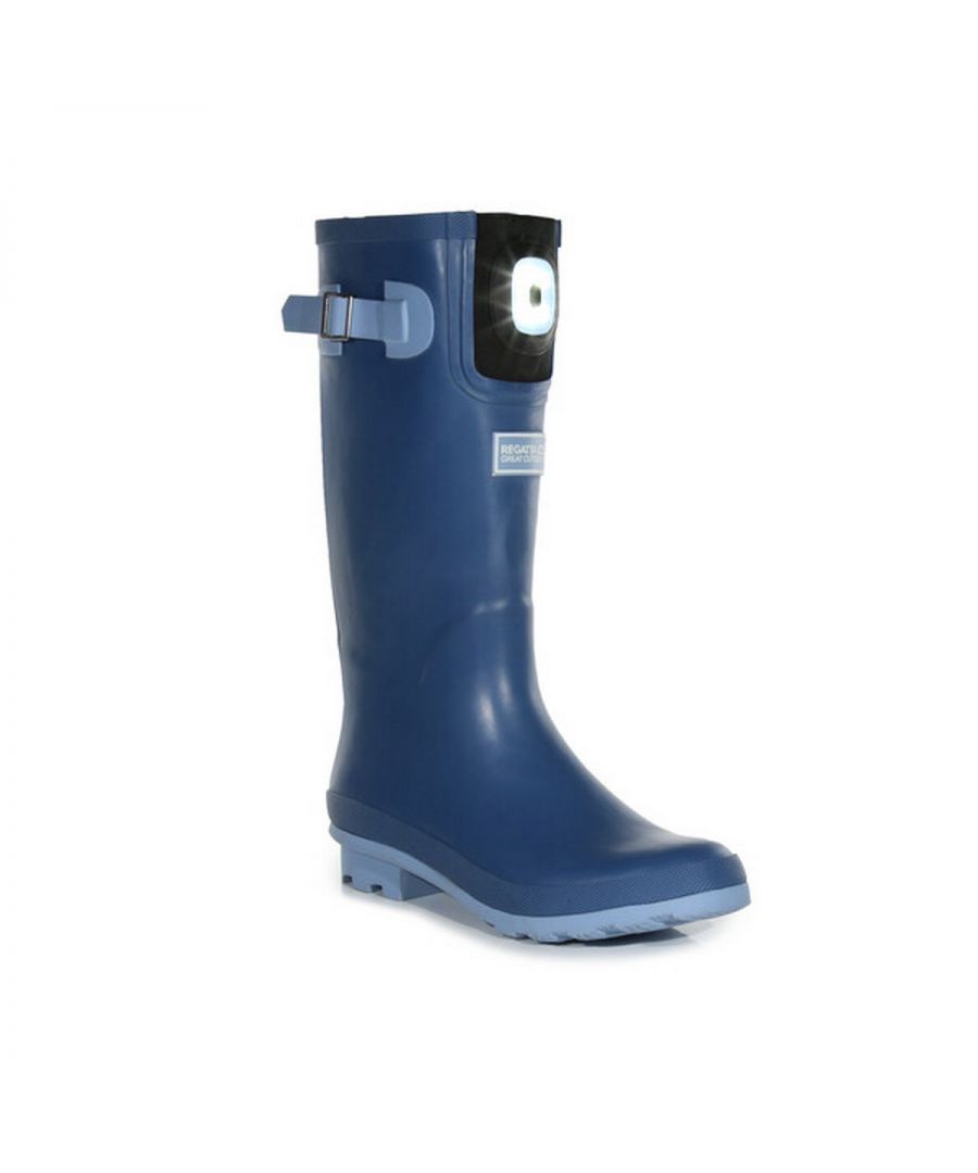 Upper: Vulcanised Rubber, Waterproof. Lining: Cotton. Adjustable Strap, Hardwearing. Fabric Technology: Brite Lite Torch Technology. Block Heel. Cut: Mid Calf. Design: Logo. Toe Style: Round. 3 Brightness Modes, Rechargable Battery. Fastening: Pull-On.