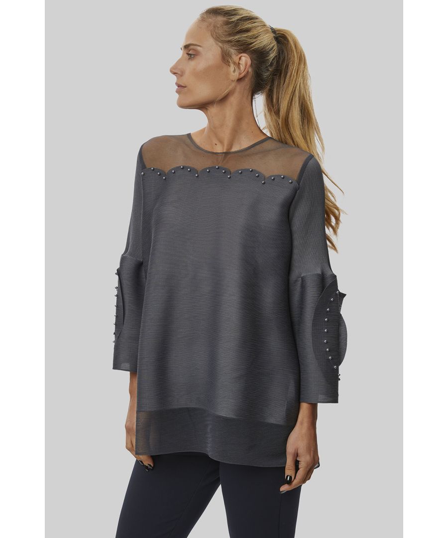 James Lakeland Womens Rose Detail Sleeves Pleated Top Charcoal - Size L/XL