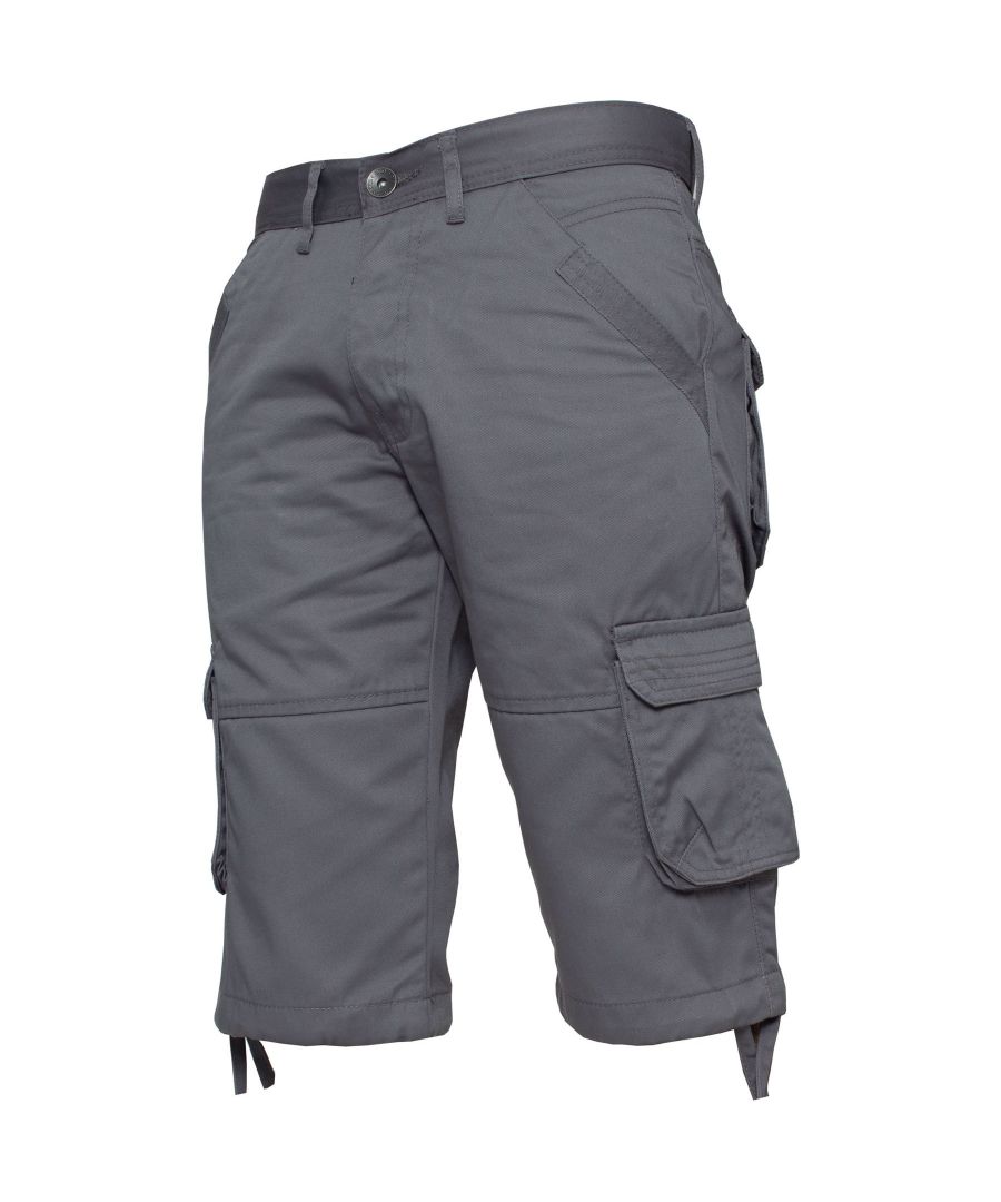 Enzo Mens Designer Cargo Combat Shorts, in Grey, 65% Polyester, 35% Cotton, 7 Pocket Design, Single Coin Pocket, 2 Front Pockets with Extra Fabric Stitching Detail, 2 Side, 2 Back Bellow Pockets with Velcro Fastening, Adjustable Drawstring to the Hems, Mid Rise, Button Fly Fastening, Machine washable, Ideal for Casual and Heavy Duty Work Wear Occasions 