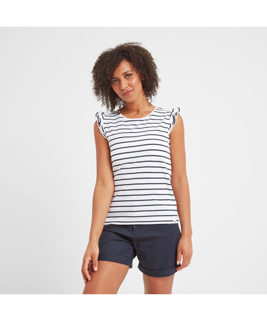 Pretty and practical, our Maribel crew neck t-shirt comes in a supersoft sustainable cotton blend that feels great against the skin and can be dressed up or down to suit the occasion. The nautical stripes are yarn dyed, so they stay true wash after wash, meaning that this versatile top is sure to remain a wardrobe favourite for years to come. Designed by our team based in the beautiful Spen Valley to be both feminine and flattering, this pretty top features a frilled trim on the sleeves that drapes softly over the top of the arms. The finishing touch is a small woven TOG24 rose label at the hem as a nod to our proud Yorkshire heritage.