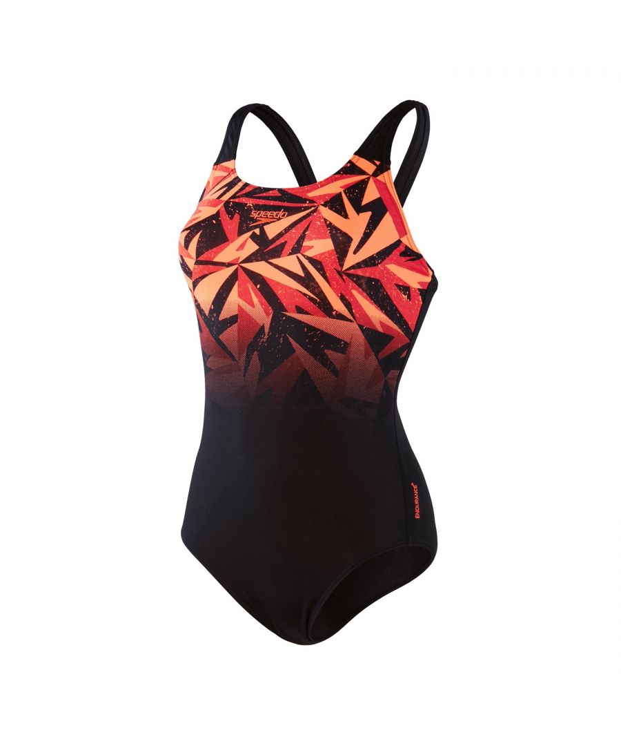 Make a statement in Boom logo prints. Celebrating the Speedo brand, our sporty Hyperboom Muscleback swimsuit showcases our iconic Boom logo in a graduated version of our 'shattered' print design with vivid shades of blue and navy. The muscleback design and medium cut leg offer flexibility and freedom of movement, so you can swim in comfort. Designed to be durable and better for the environment, the suit features our new ECO Endurance+ fabric which is 100% chlorine resistant, quick-drying and made from 50% recycled materials. > ECO Endurance + > Muscleback design - offers flexibility and freedom of movement, so you can swim in comfort > 100% chlorine resistance - for long lasting performance > Quick dry - dries faster after your swim workout > 50% recycled - one of the yarns is made from 100% post-consumer waste, such as recycled plastic bottles