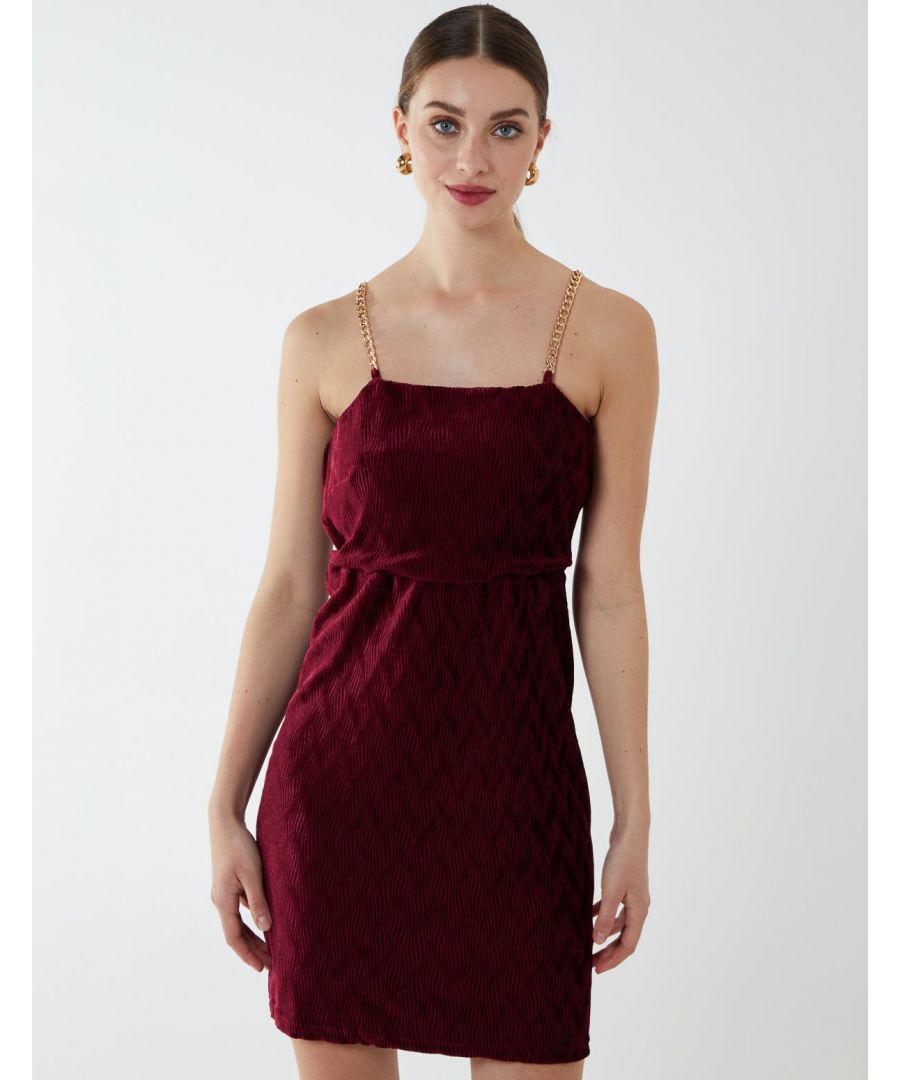 Look head to toe sophisticated in this stunning velvet chain strap dress, this little number ticks all the boxes this party season!. . 95% Polyester, 5% Elastane. Hand wash. Straps. Approx length 73 cm. Unfastened