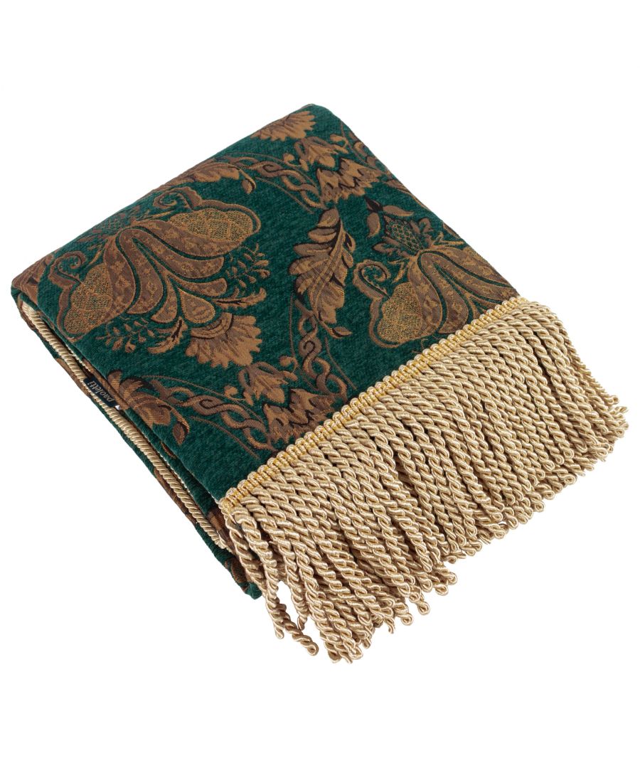 The Shiraz range is the height of opulence. Each piece has an embroidered damask pattern in delicate gold, presented on chenille-style fabric. Complete your bedspread with this gorgeous throw. The Shiraz throw is lined with gold fabric and features twisted fringing on either side. Specifically designed to match the Shiraz bedspread and pillow sham. This luxurious throw must be treated carefully and is only appropriate to dry clean.