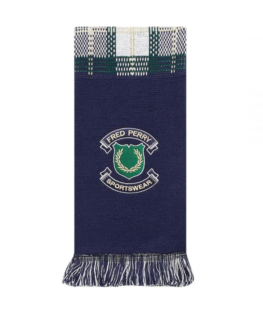Fred Perry C7151 102 Navy Blue Scarf. Fred Perry Blue Scarf. Style: C9155 608. Branded Logo. 100% Acrylic. Tartan Pattern