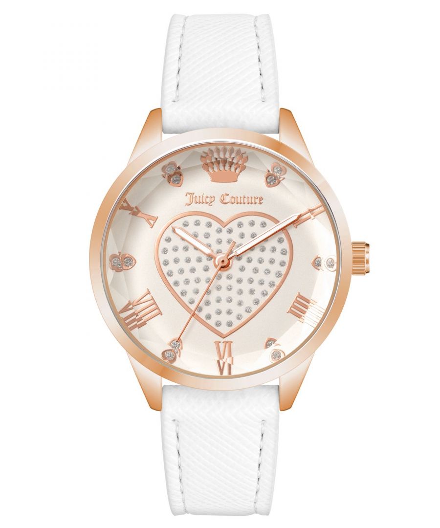 Juicy Couture Watch JC/1300RGWT\nGender: Women\nMain color: Rose Gold\nClockwork: Quartz: Battery\nDisplay format: Analog\nWater resistance: 0 ATM\nClosure: Pin Buckle\nFunctions: No Extra Function\nCase color: Rose Gold\nCase material: Metal\nCase width: 35\nCase length: 35\nFacing: Rhine Stone\nWristband color: White\nWristband material: Leatherette\nStrap connecting width: 16\nWrist circumference (max.): 19.5\nShipment includes: Watch box\nStyle: Fashion\nCase height: 9\nGlass: Mineral Glass\nDisplay color: White\nPower reserve: No automatic\nbezel: none\nWatches Extra: None