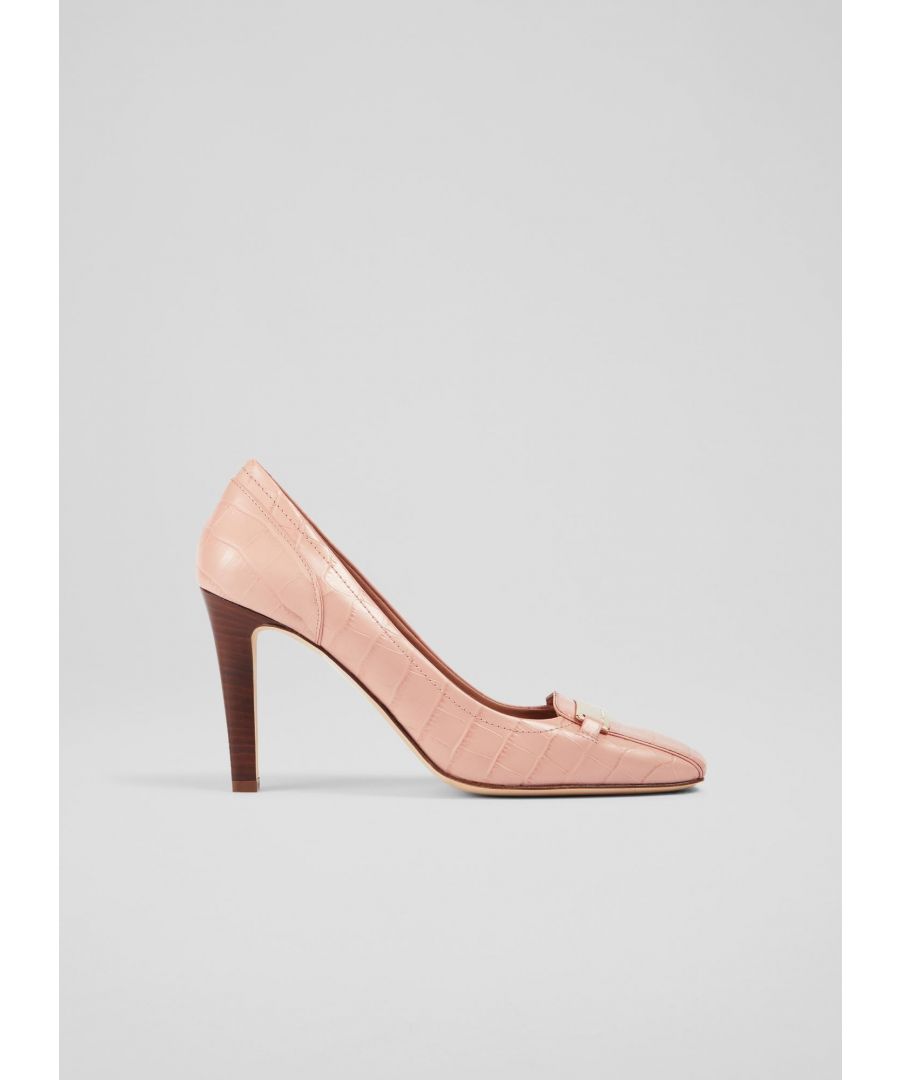 With a contemporary-retro feel, our Franziska courts are a court shoe and loafer hybrid. Crafted in Italy from textural, croc-effect leather in blush pink, they have a softly-squared toe, gold bar detail and a wider than usual - but still elegant - 90mm high heel. Swap your stiletto heels for these on days when you need height and comfort.
