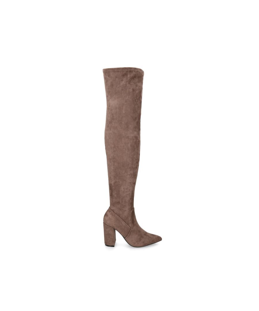 The Vivi is a knee high boot in a brown microsuede. The back of the high ankle features a small gunmetal Icon C pin. The heel is in a block style. Heel height: 90mm. Concealed zipper on the inner side. This product features 'All Day Long' technology.