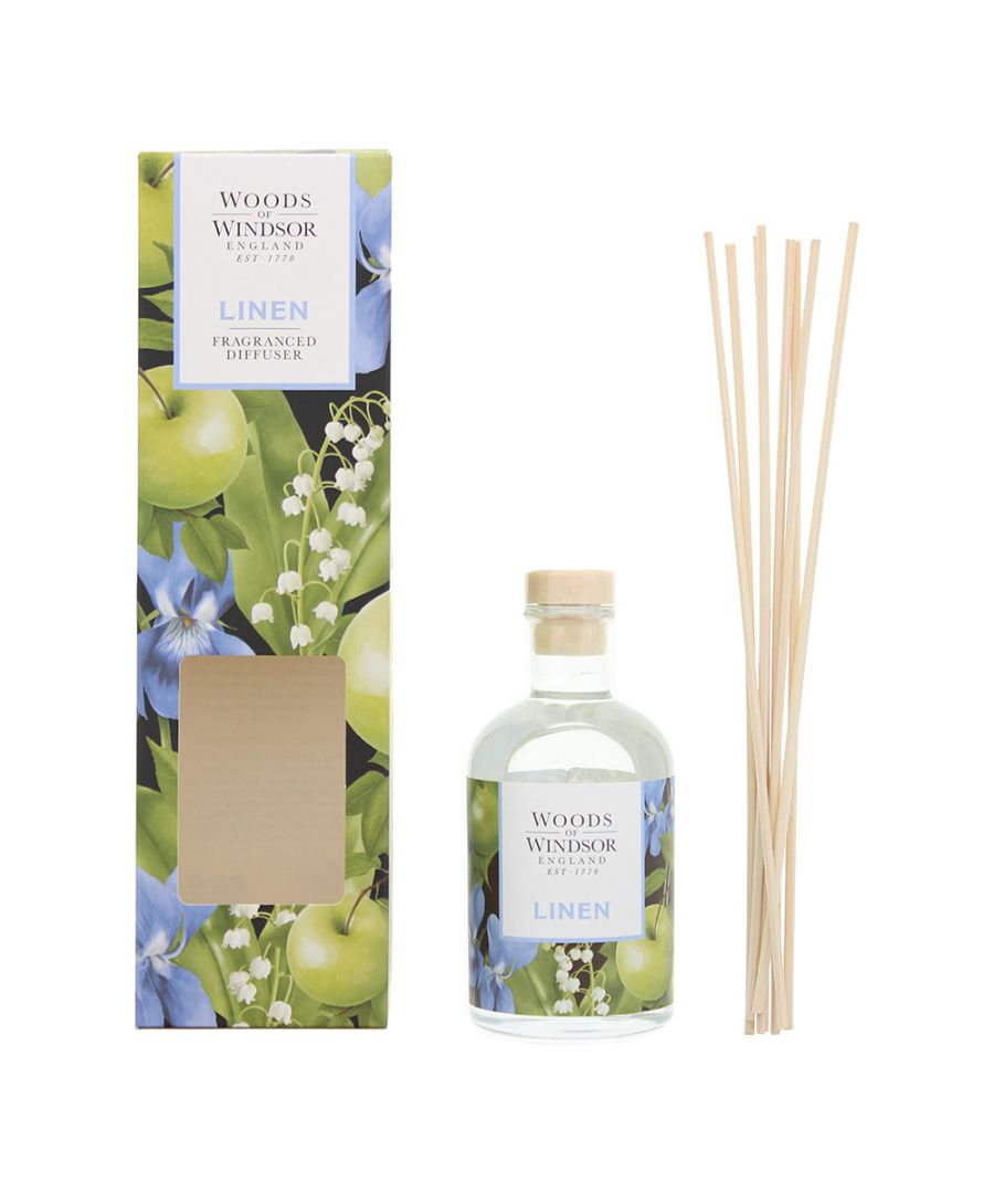 The Woods Of Windsor Linen Diffuser is an alcohol free diffuser that an be kept in any room in the house, and keep it wonderfully fragranced. The scent is fresh, fruity and crisp one. The top notes of the fragrance are citrus fruity notes, with Jasmine; the middle notes are Orange flower and Ylang-Ylang, whilst the base notes are Musk and Amber.