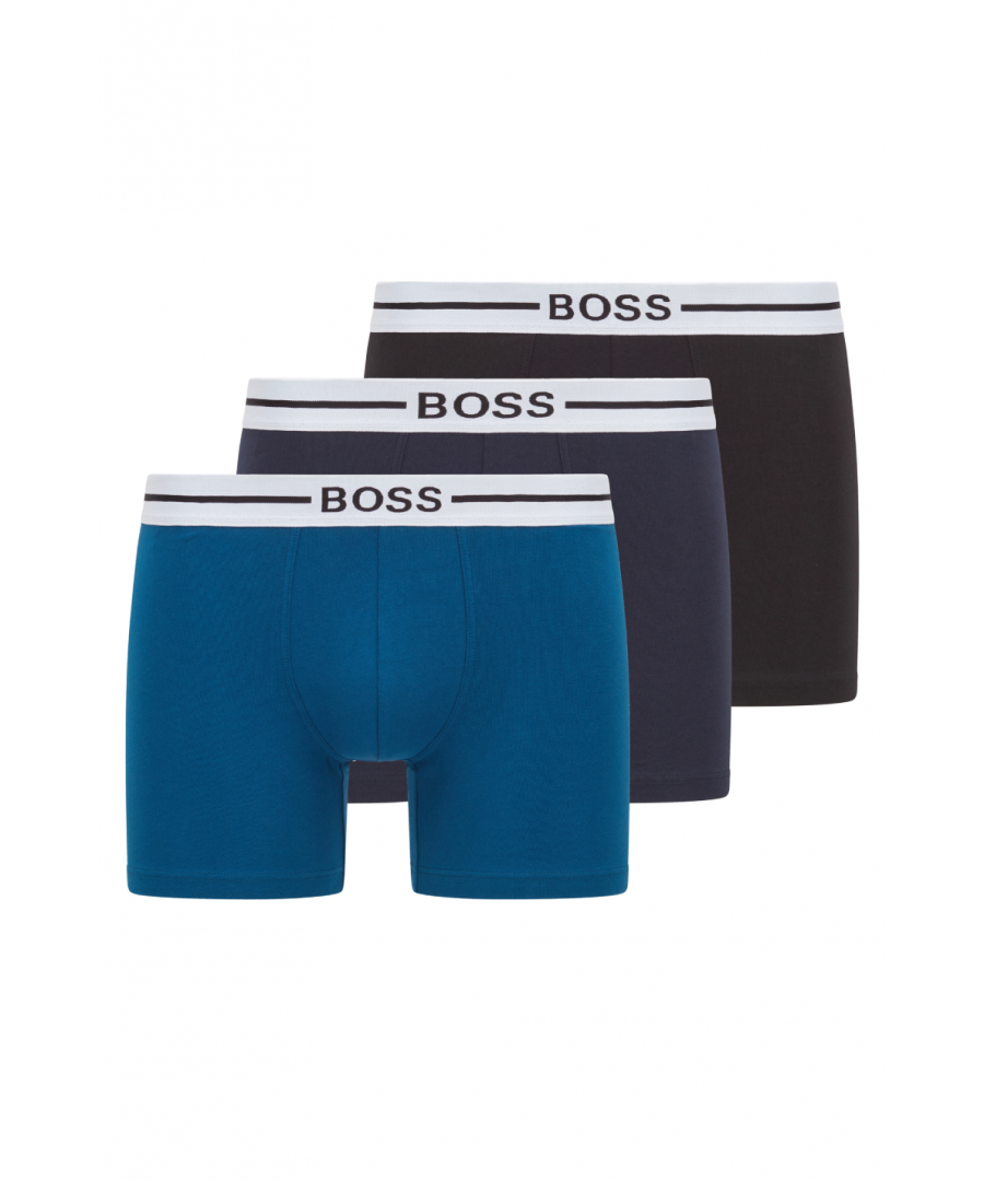 This three pack of boxer briefs from BOSS are crafted from super soft and breathable stretch cotton. Featuring elasticated waistbands and contrast logo details for a signature finish.Three Pack, Stretch Cotton , Elasticated Waistband, 95% Cotton & 5% Elastane, BOSS Branding.