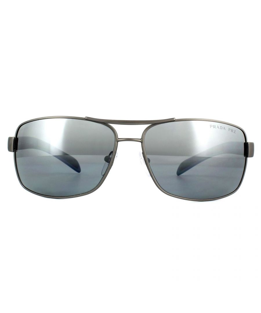 Prada Sport Aviator Mens Gunmetal Rubber Silver Mirror Polarized Sunglasses