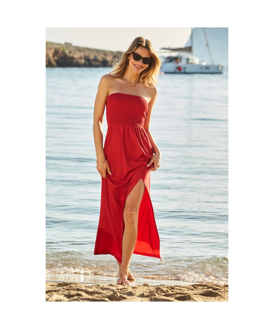REASONS TO BUY:\n\nThrow on and go\nMade from the softest jersey fabric\nOn-trend shirred bodice for a brilliant fit\nBandeau neckline - goodbye tan lines\nSexy front split - wear for the beach and the bar\nWe love it with espadrille wedges