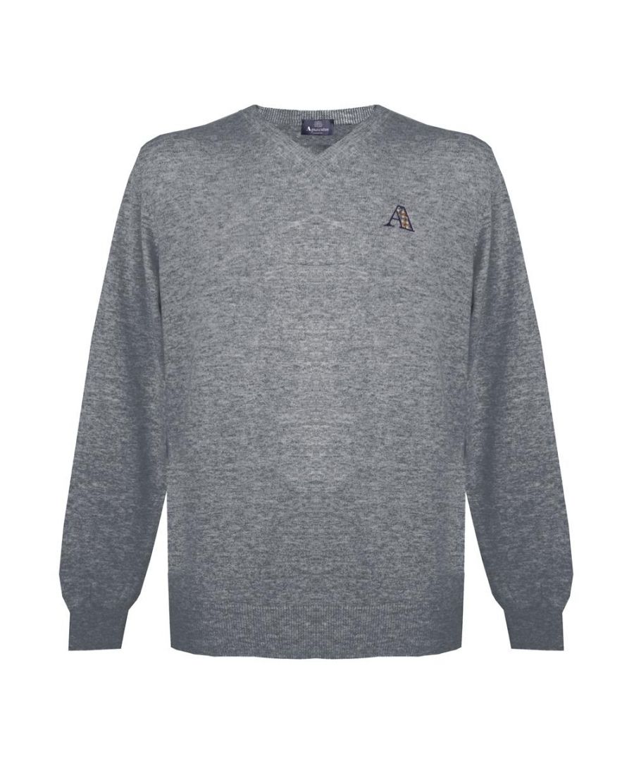 Aquascutum Mens Long Sleeved/V-Neck Knitwear Jumper with Logo in Dark Grey - Size Small