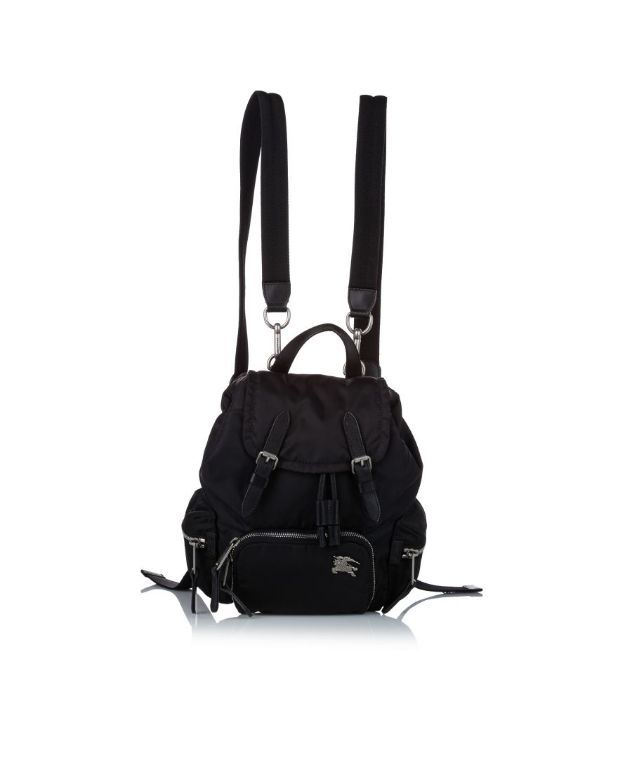 VINTAGE. RRP AS NEW. The Runway backpack features a nylon body with leather trim, exterior zip pockets, a rolled leather top handle, adjustable flat back straps, a top flap with buckle details and snap closures, a drawstring closure, and an interior zip and slip pockets.\n\nDimensions:\nLength 28cm\nWidth 24cm\nDepth 11cm\nHand Drop 6cm\nShoulder Drop 85cm\n\nOriginal Accessories: Shoulder Strap, Authenticity Card\n\nColor: Black\nMaterial: Fabric x Nylon x Leather x Calf\nCountry of Origin: Romania\nBoutique Reference: SSU150888K1342\n\n\nProduct Rating: GoodCondition\n\nCertificate of Authenticity is available upon request with no extra fee required. Please contact our customer service team.
