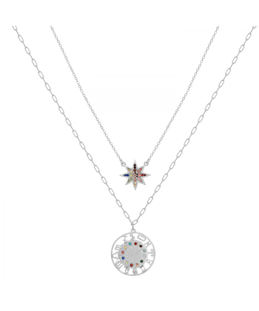 Our Kate Thornton silver brights plated double layer Zodiac necklace is the ultimate accessory for your outfits. This double layered necklace comes on a single lobster clasp with a beautiful constellation colourful star sign pave star that sits beautifully on the neck with a longer length chain boasting a zodiac charm that is beautiful, meaningful and as unique as you are. The eye catching detail will certainly have people stopping to stare at your fabulous style. The silver tone single necklace features 2 separate layers the shorter is 15 inch whilst the longer is 16 inch fastened with a lobster clasp and an 8cm extender chain. Presented in a KTx jewellery pouch to keep your jewellery safe or ideal for gifting!