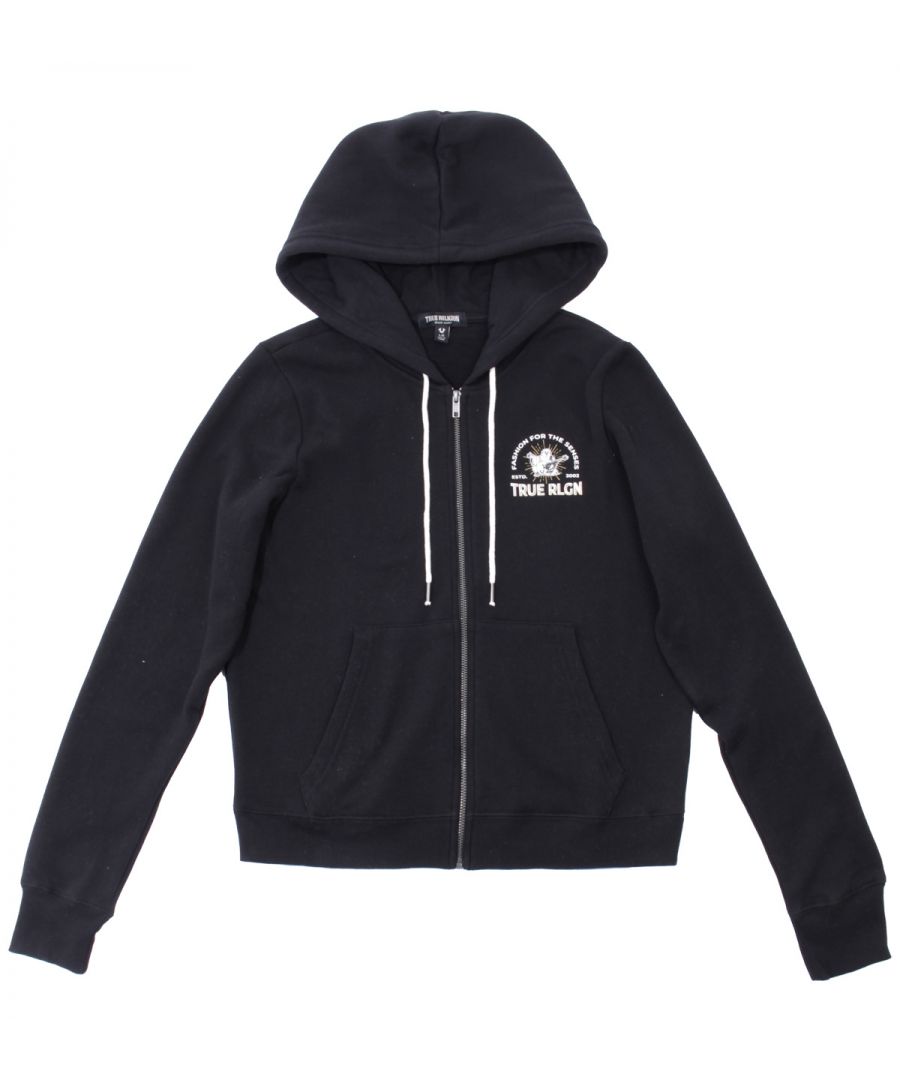 The True Logo Zip Hooded Sweatshirt is a low key must have. Crafted from a cozy cotton blend, this women\'s sweatshirt features a drawstring hood, zip front, and split kangaroo pockets. Finished with a small branded Buddha design at the chest and large branded Buddha design across the back.  Regular Fit Soft Cotton Blend Adjustable Draw cord Hood Full Zip Closure Spilt Kangaroo Pocket Front & Back Print True Religion Branding Style & Fit: Regular Fit Fits True to Size Composition & Care: 60% Cotton 40% Cotton Machine Wash.