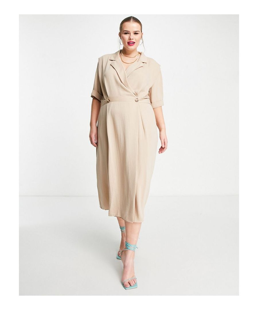 Plus-size dress by ASOS DESIGN Coming soon to your IG feed Wrap design Notch lapels Button Fastening Padded shoulders Regular fit Sold by Asos