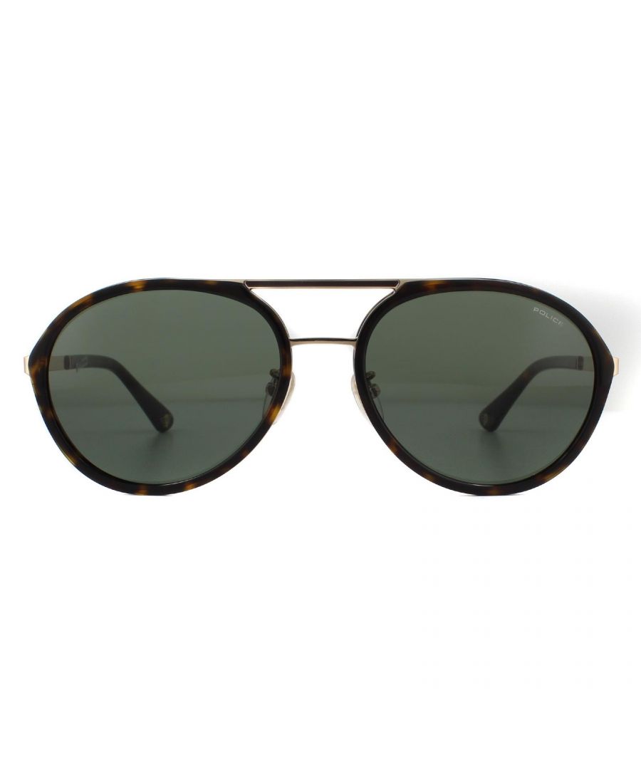 Police Sunglasses SPLA57 Record 2 0300 Shiny Rose Gold Green are a contemporary take on the aviator style with grooved bridge , top brow bar and adjustible nose pads allowing for a comfortable fit.  The Police branding is embellished on to the slim temples for a stylish look.