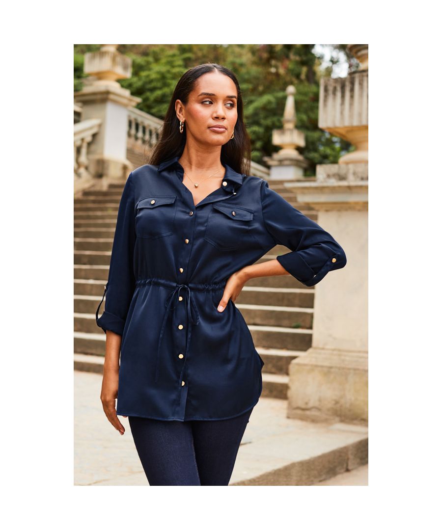 Sosandar Womens Navy Blue Satin Utility Tie Waist Shirt - Size 12 UK