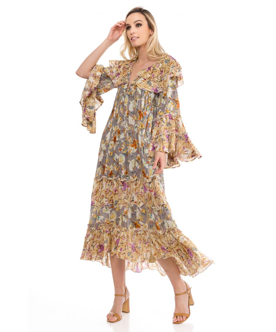 Image for Floral Maxi Dress with Ruffles and Embellishments