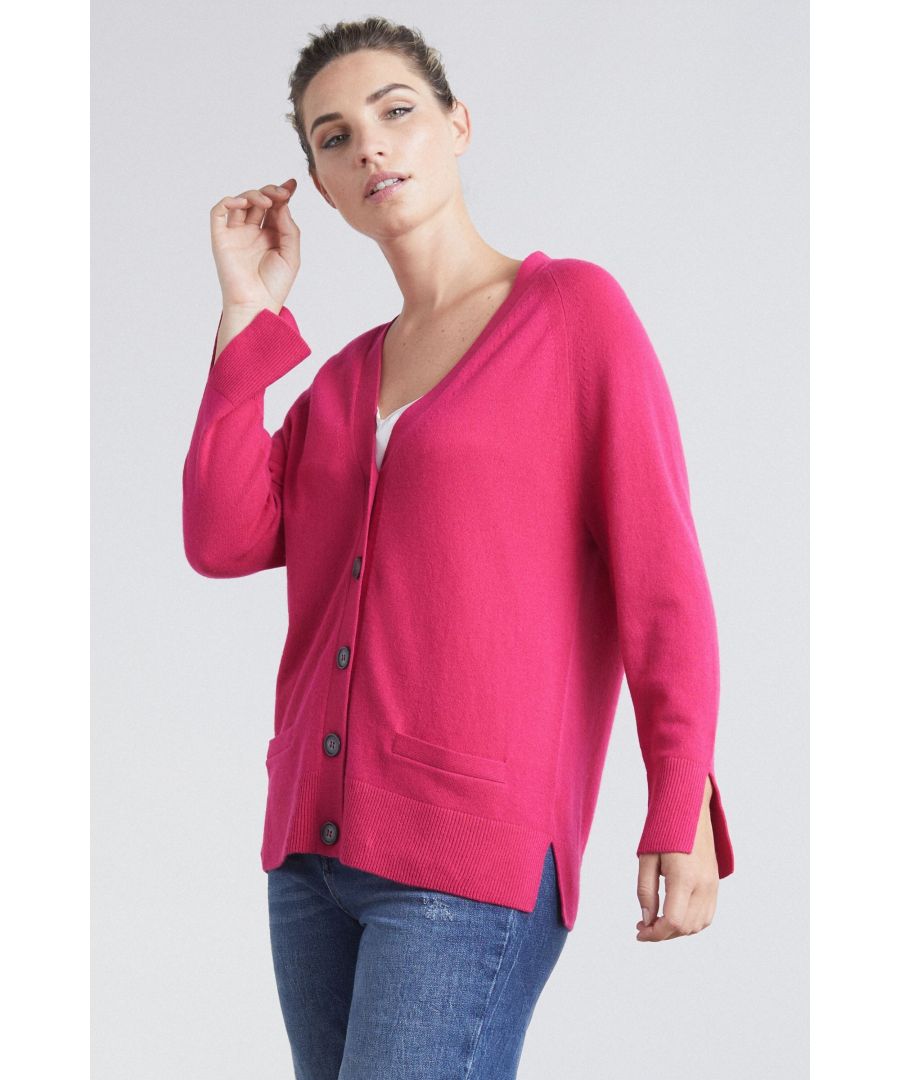 Our relaxed v neck cardigan has been given a make over. Just the right side of relaxed with statement buttons, pockets and deep rib trims the sleeves are slimmer and the body slightly longer for a versatile and flattering addition to your wardrobe. Layers beautifully over a silk cami, looks smart over a shirt or layer with cashmere joggers for a relaxed downtime look.