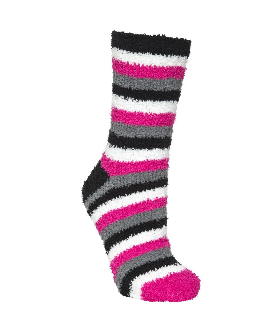 Womens tube socks. 2 pairs per pack. Fluffy, soft material. Heart print / Stripe print. 95% Polyester / 5% Spandex.