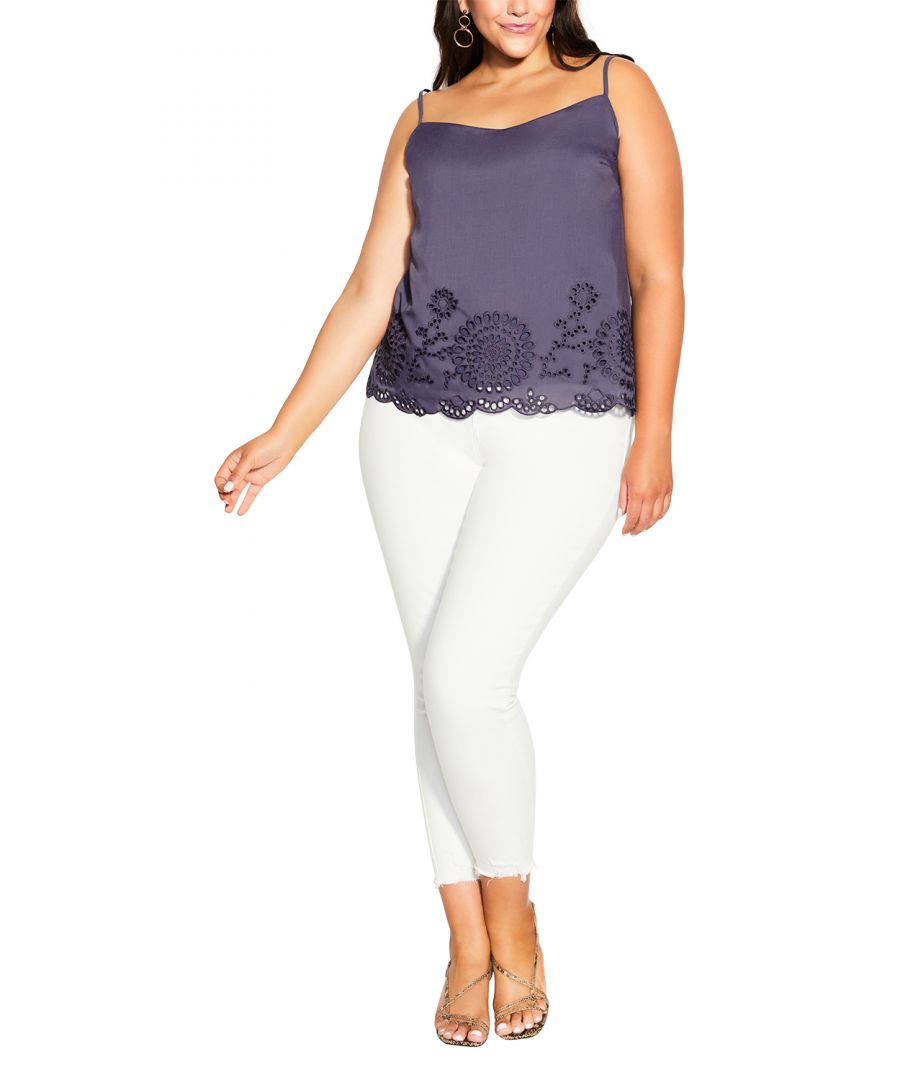 Slip into the sweet and sexy style of the Riley Top. In a lovely lilac shade, this relaxed top keeps you comfortable with its thin shoulder straps and broderie embroidered trim. Key Features Include: - Straight neckline - Adjustable thin shoulder straps - Relaxed fit - Lined - Broderie embroidered trim to hemline
