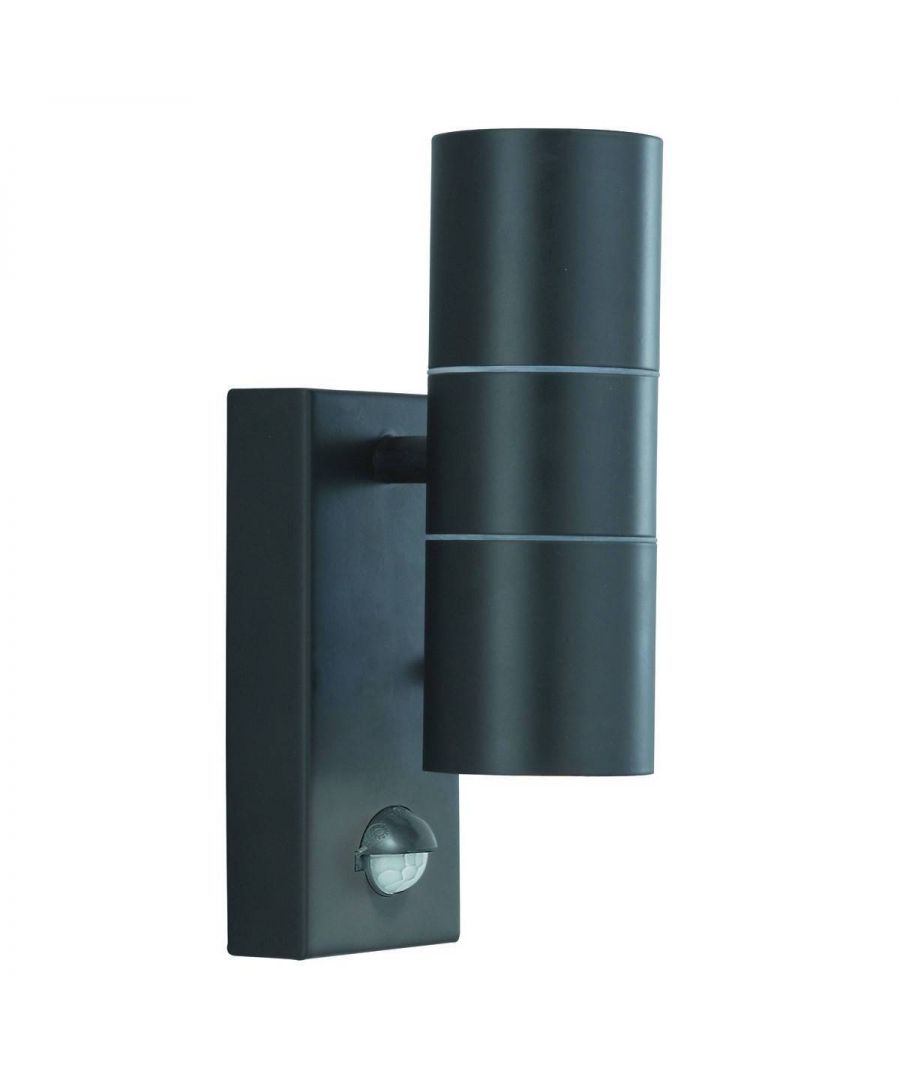 This Black 2 LED Light Outdoor Light with Motion Sensor is perfect for welcoming you home and deterring would-be intruders. The rectangular wall attachment features a modern motion sensor connected to a stylish cylindrical light, with two LED lamps providing both uplight and downlight. It is also IP44 rated and fully splash proof to protect against the elements. | Finish: Cast Aluminium | Material: Glass | IP Rating: IP44 | Height (cm): 22 | Length (cm): 7 | No. of Lights: 2 | Lamp Type: GU10 | Bulb: LED | Wattage (max): 3