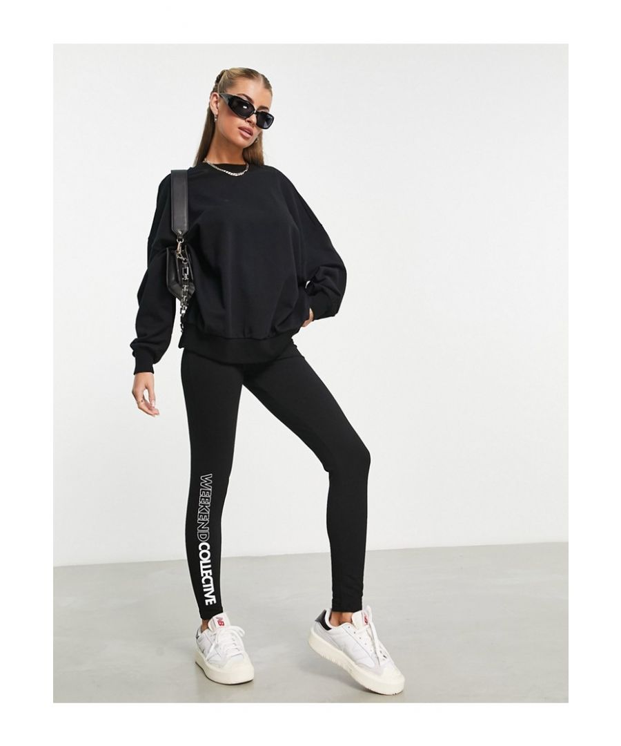 Trousers & Leggings by ASOS WEEKEND COLLECTIVE Next stop: checkout High rise Elasticated waistband Logo print details Bodycon fit Sold by Asos