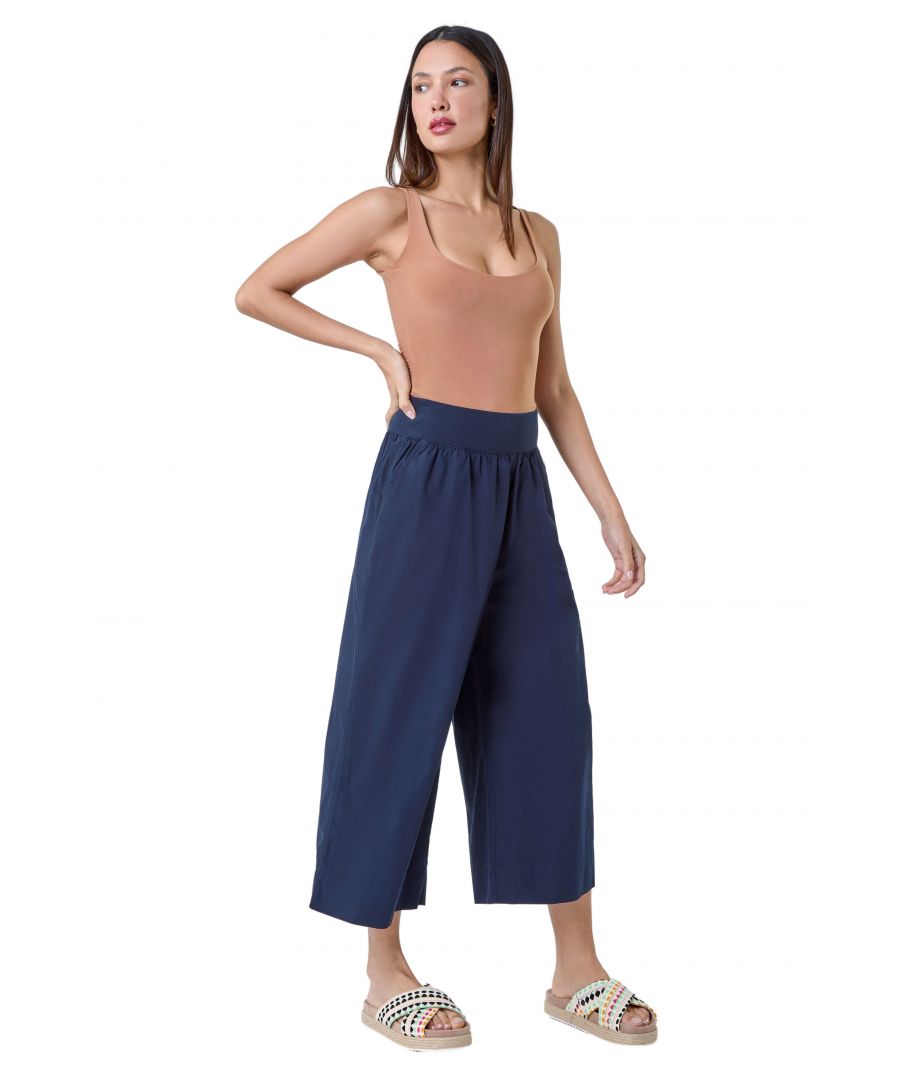 Roman Womens Elastic Waist Wide Leg Cotton Cropped Culottes - Blue - Size 20 UK