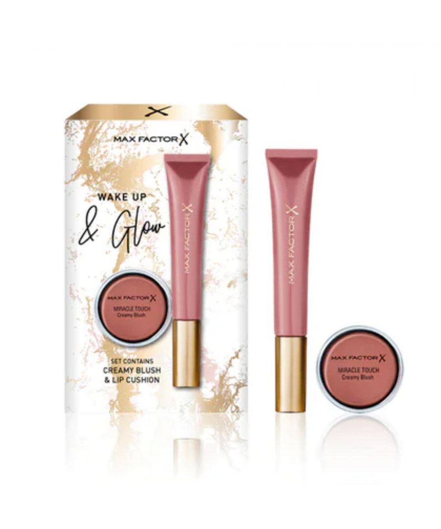 The new Max Factor Wake Up & Glow Gift Set contains: 1 x Colour Elixir Lip Cushion (Shine in Glam) and 1 x Miracle Touch Creamy Blush (Soft Copper). Both are full sized products.