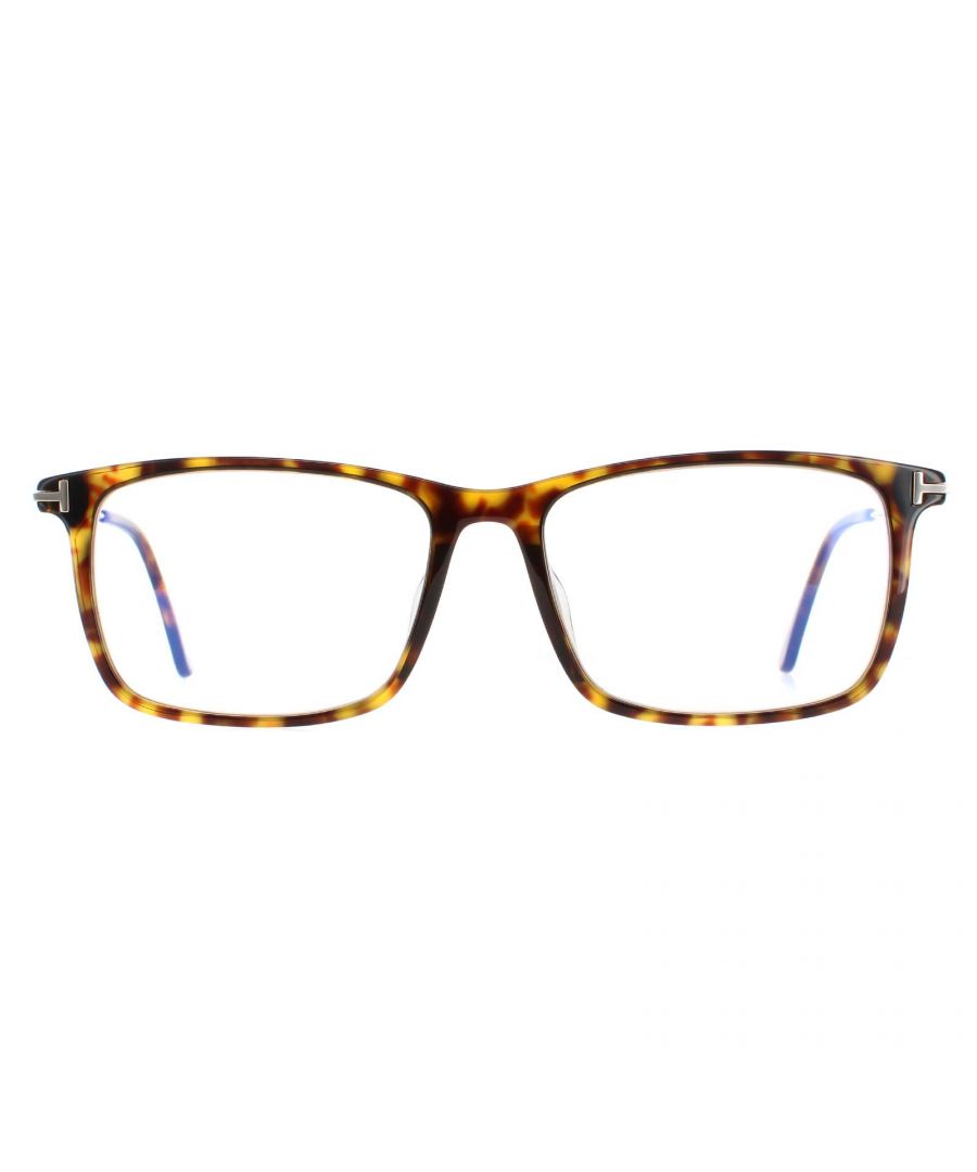 Tom Ford Rectangle Mens Dark Havana FT5758-F-B  FT5758-F-B are a sleek rectangle style crafted from lightweight acetate and embellished with the signature Tom Ford T logo along the temples. Blue light block lenses help to prevent and reduce eye strain from long exposure to blue light from digital devices.