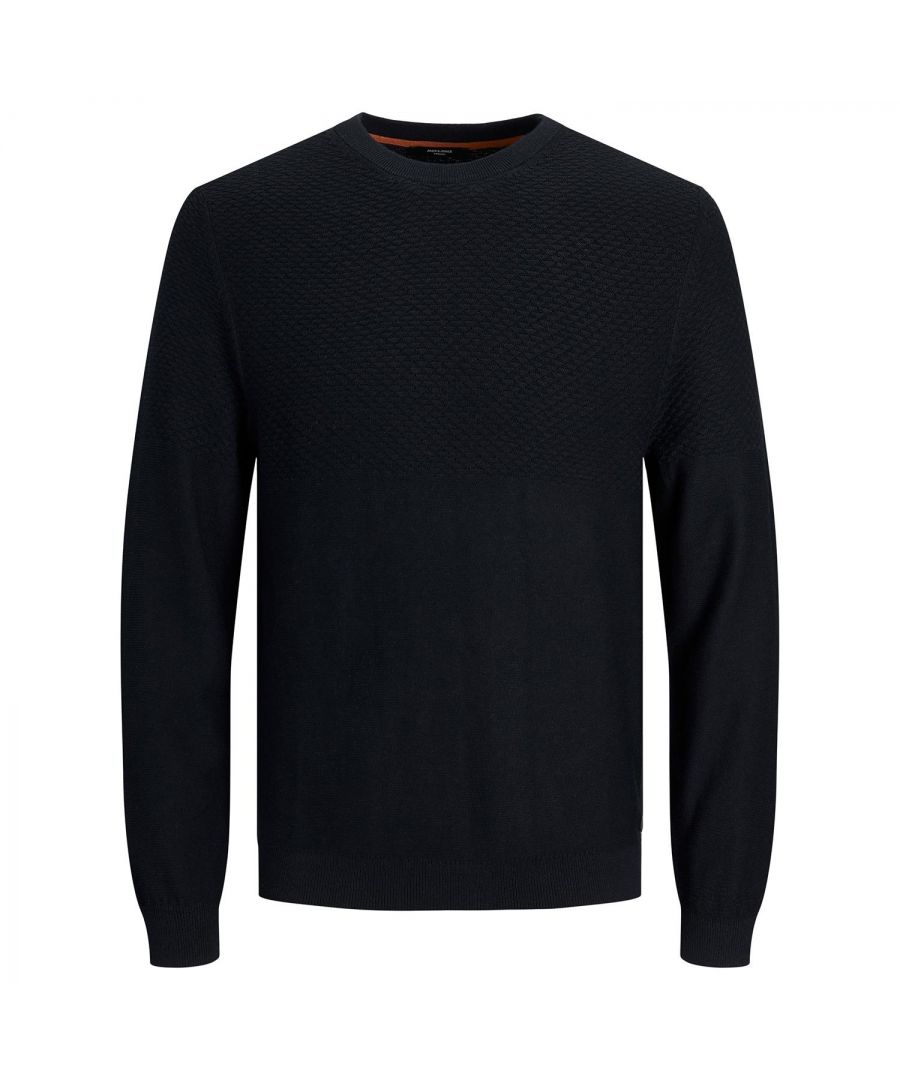 A sporty allrounder who convinces with its elegant look – the crew-neck pullover by Jack & Jones. The long-sleeved knit pullover convinces with its comfortable and soft cotton fabric and its straight fit.\n\nFeatures:\nBasic pullover for everyday wear\nThick, textured, and durable jacquard weave\nStructure Knit Crew Neck\nSubtle logo label on the hem\nRegular fit\n\nSpecifics:\nMaterial: 58% Acrylic, 42% Cotton\nProduct Code: 12200109\n\nWashing Instruction:\nMachine wash at 30°C\nTumble dry on low heat settings\n\nIron Temp.: Iron on medium heat settings\n\nNote: Do not bleach, Dry clean (no trichloroethylene)\n\nPackage Includes: Jack & Jones Men's Crew Neck Knitted Jumper