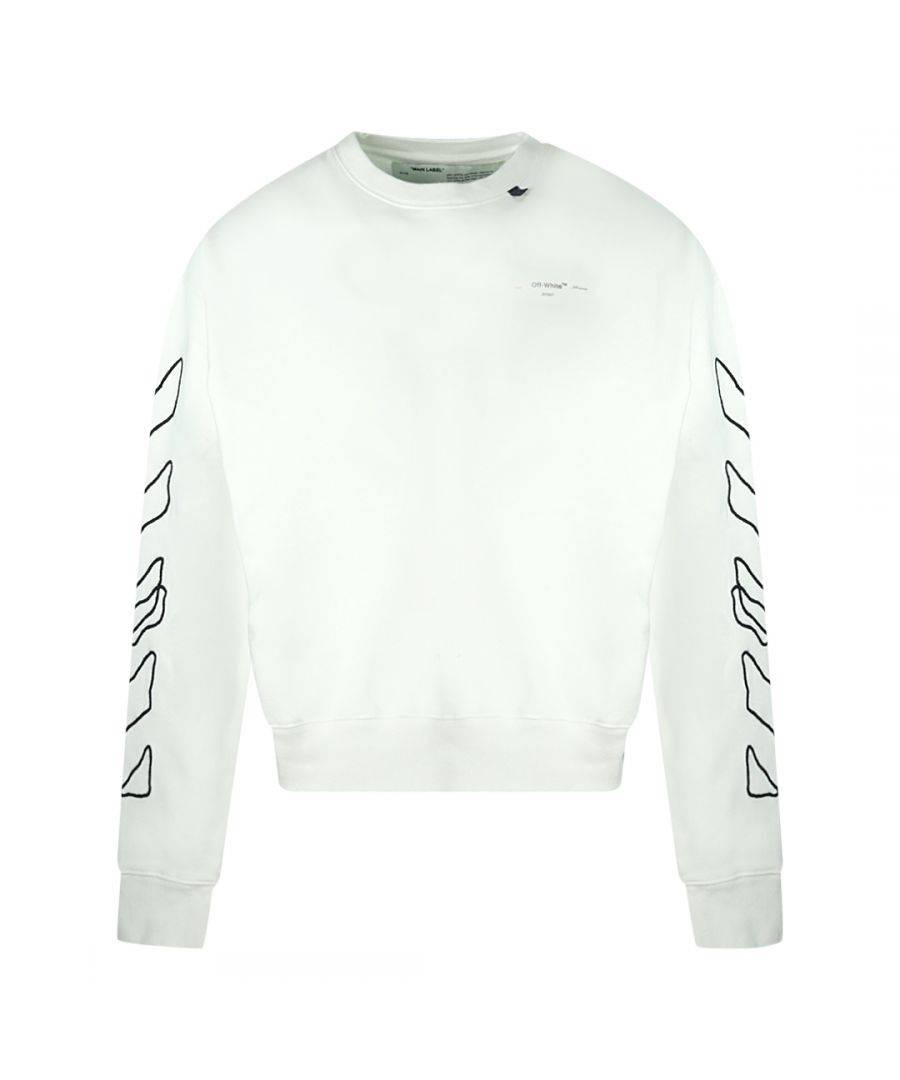 Off-White White Jumper. Diag Spray Design On Back and Arms. Elasticated Sleeve and Hem Endings. 100% Cotton, Made In Portugal. Style Code: OMBA035F19E300110110