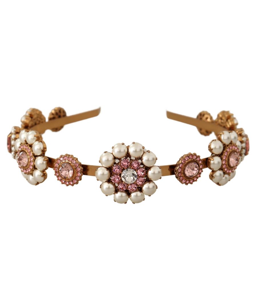 DOLCE & GABBANA\nAbsolutely stunning, 100% Authentic, brand new with tags crystal diadem tiarem\nThis item comes from the Exclusive MainLine Collection.\nColor: Clear, pink, gold\nMaterial: Brass, crystals, pearls\nClear & pink crystals, perals\nSize: One size\nLogo details\nMade in Italy