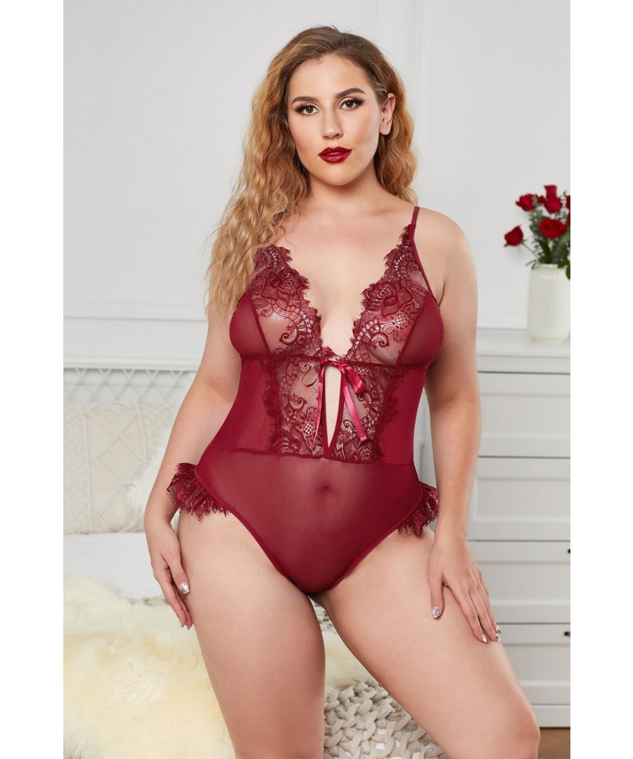 Such a huge allure for your partner, it's very sexy bold in a completely sheer silhouette. Deep v neckline, floral lace and mesh construct into one-piece lingerie. Delicate eyelash detail adorned on the bust and both sides. Satin bowknot front center and hollow-out panty back. Azura Exchange plus size lingerie is ideal present for yourself and special someone