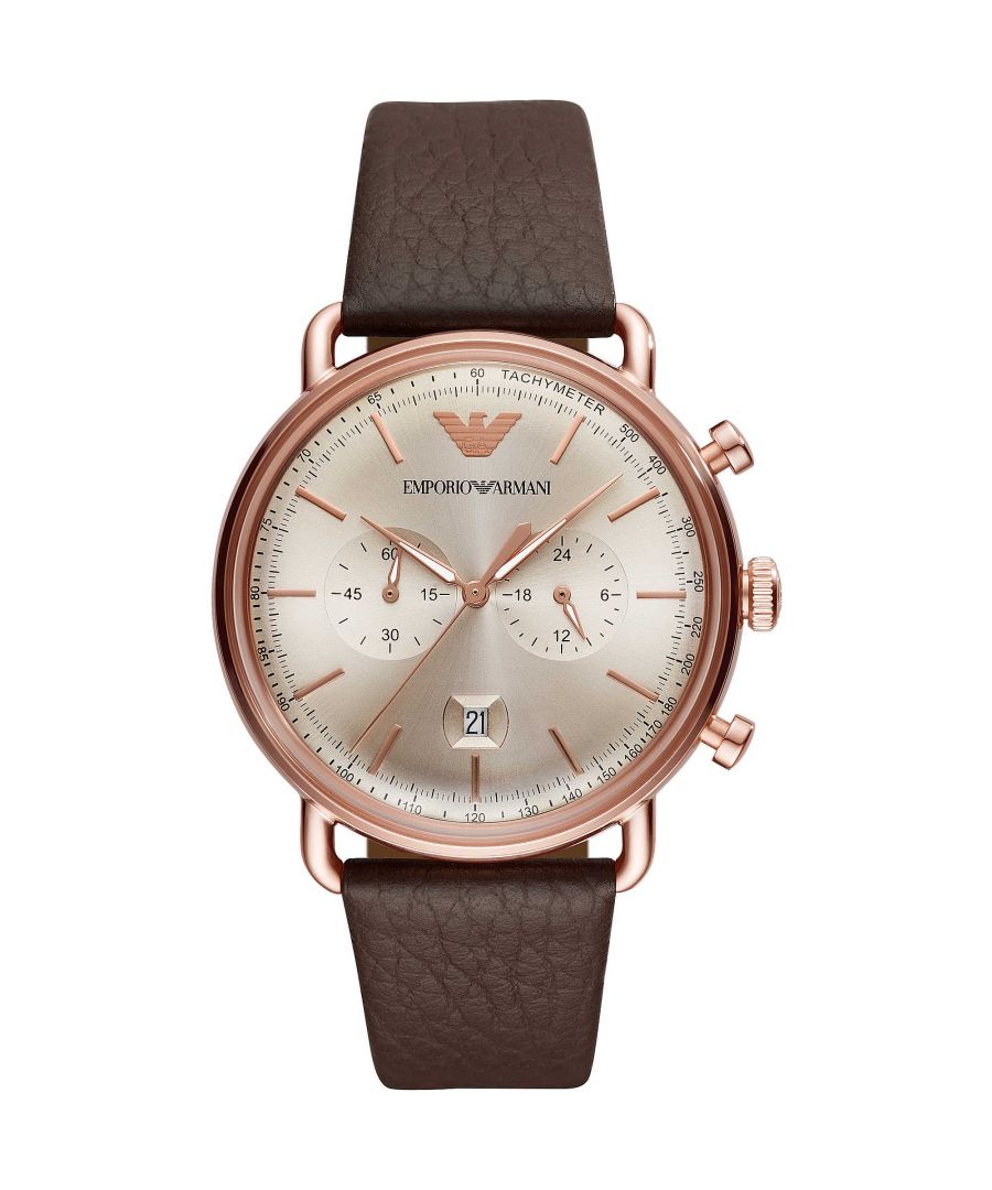 PRODUCT INFO\t\t\tCase Diameter: 44mm\tCase Material: PVD Rose Gold Stainless Steel\t\t\tWater Resistant: 50 Metres\tMovement: Quartz (Battery)\tDial Colour: Grey\t\t\tStrap Material: Leather \tClasp Type: Strap Buckle\t\t\tGender: Male\tDESCRIPTION\t\t\t\t\tMen's Emporio Armani made from stainless steel. This model features a round face complete with chronograph functions and a Japanese Quartz movement. \t\t\t\t\tThis watch fastens with a leather strap and has a grey dial with rose gold baton hands and hour markers with a date function. \tFREE Home Delivery - Including Next Day Service* \tAvailable for gift wrap \tWe offer free bracelet adjustment service on this product. Please contact customer services\tReturns policy