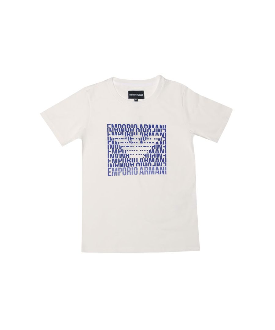 Junior Boys Armani Box Logo T- Shirt in white.- Ribbed crew neck.- Shorts sleeves.- Emporio Armani eagle logo printed at the chest.- Cotton stretch blend construction.- Regular fit.- 100% Cotton. Machine wash at 30 degrees.- Ref: 3G4TJA09Z0138J