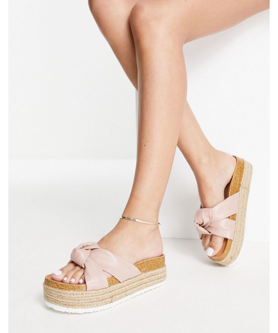 Sandals by ASOS DESIGN The scroll is over Slip-on style Peep toe Moulded footbed Rope midsole Flatform sole  Sold By: Asos