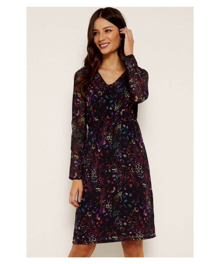 REASONS TO BUY:\n\nDark florals: autumn’s ‘It’ print\nThrow on and go\nV-neck, cinched waist – all the flattering details\nSheer sleeves add sex appeal\nDress it up or down\nThink strappy heels after dark, ankle boots and a biker off-duty