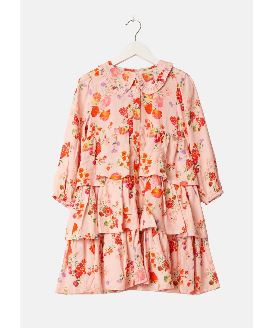 Make this   pink floral tiered dress your new favourite. Floral bouquet print. full button front. tiers and the cutest peterpan collar. Wear with your trainers or brogues Colour: Pink About me: 100% Viscose Look after me: Think planet. wash at 30c.