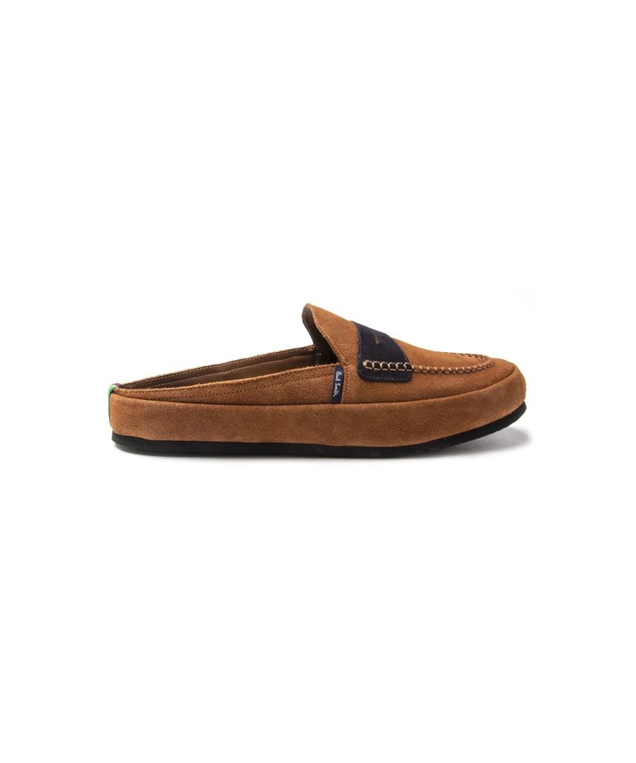 Men's Light Brown Paul Smith Nemean Open Back Slippers Made With A Soft Suede Upper And Contrasting Dark Brown Saddle Detail. These Slip-on Loafers Have A Rubber Branded Sole And Signature Branding To Heel And Footbeds.
