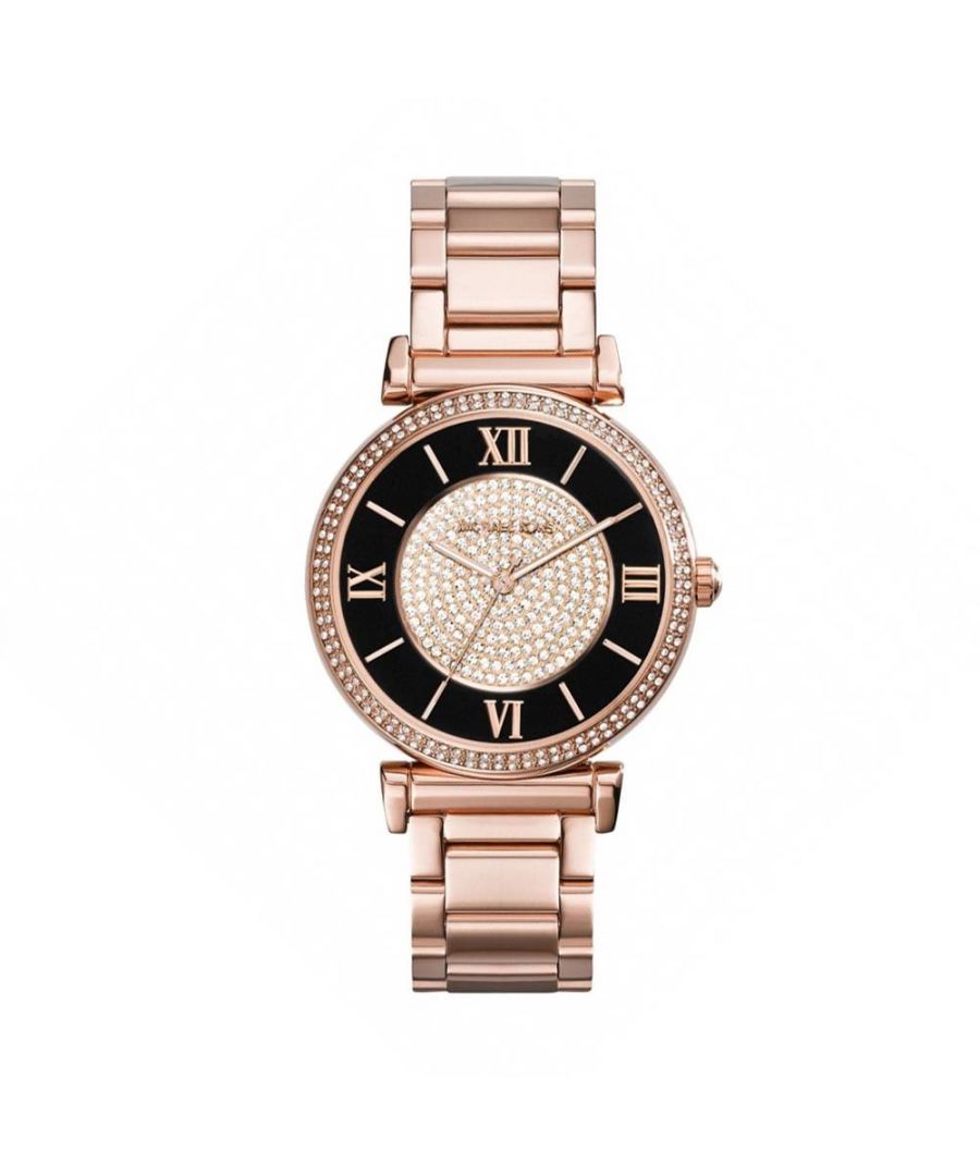 Een prachtig Michael Kors-dameshorloge MK3339 EAN 0796483124370 met rosékleurige PVD-beplating, een met fonkelende steentjes bezette bezel en een zwarte wijzerplaat. Shop dit horloge op d2time.co.uk