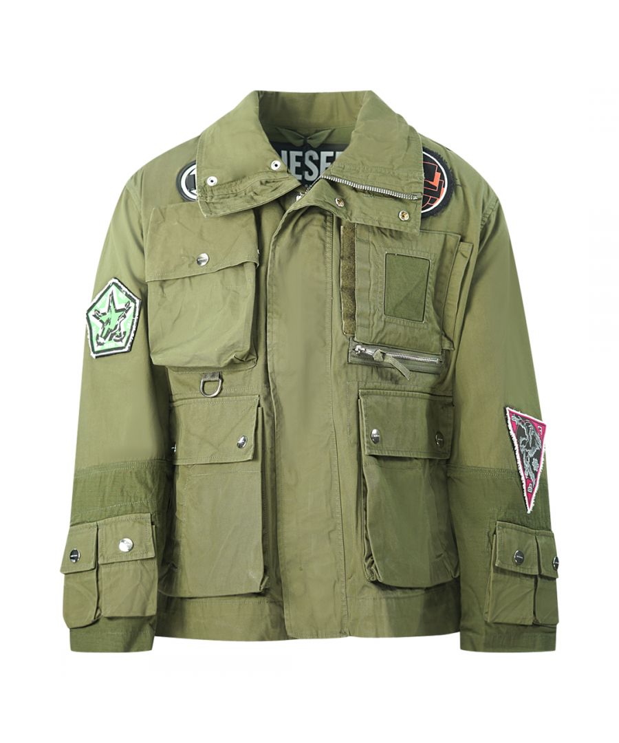 Diesel Pocket Patch Logo Green Military Jacket. Diesel Pocket Patch Logo Military Jacket. Central Zip Closure. Pocket Designs All Over. Style - J-Battle 51F. 100% Cotton