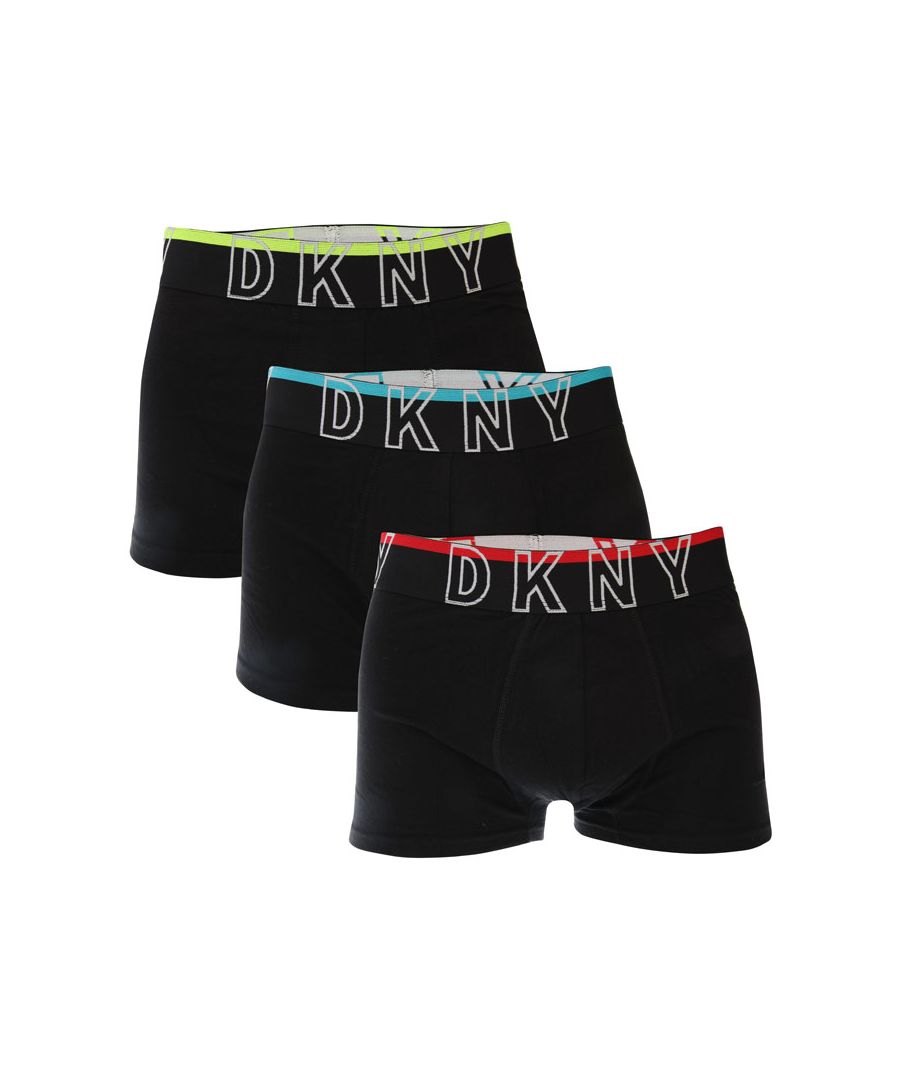 Mens DKNY Chico 3 Pack Boxer Shorts in black.- Branded elasticated waistband.- Three pack stretch cotton trunks.- 95% Cotton  5% Elastane. Machine washable.- Ref: U56570