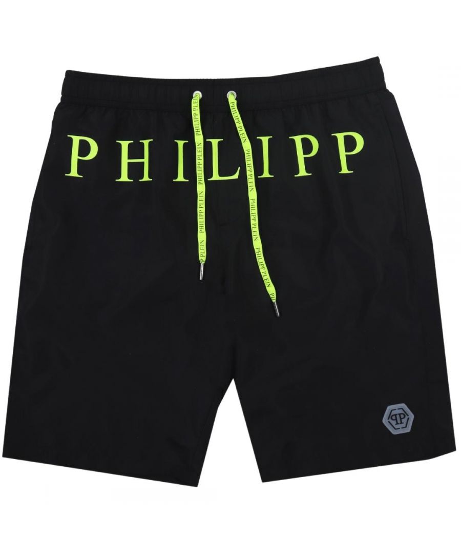 Philipp Plein Green Brand Logo Black Swim Shorts. Philipp Plein Green Brand Logo Black Swim Shorts. Elasticated Waistband. Branded Drawstring Fasten. Long Boardshort Style. Product Code - CUPP04 L0199