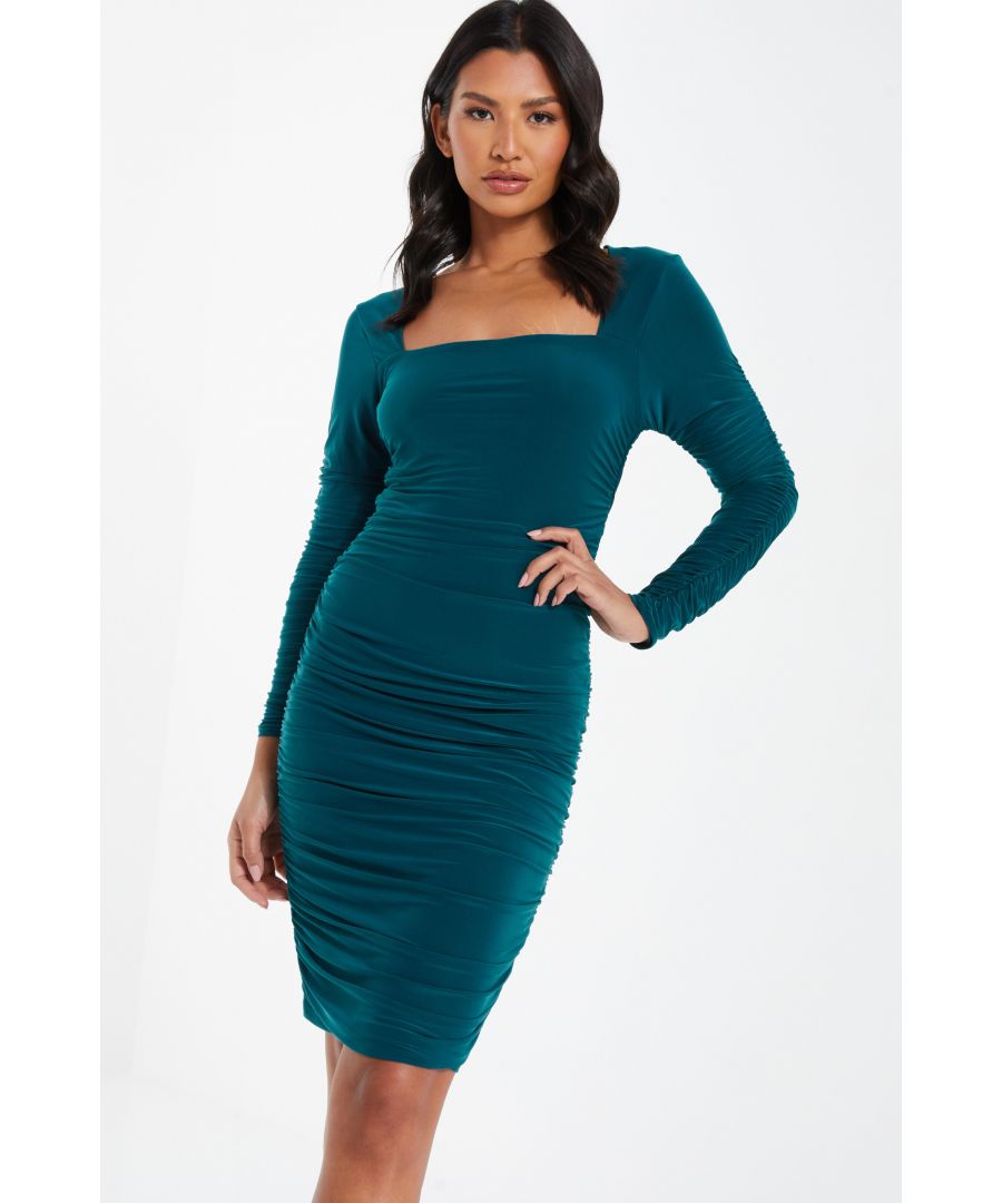 Quiz Womens Teal Ruched Long Sleeve Knee Dress - Size 6 UK