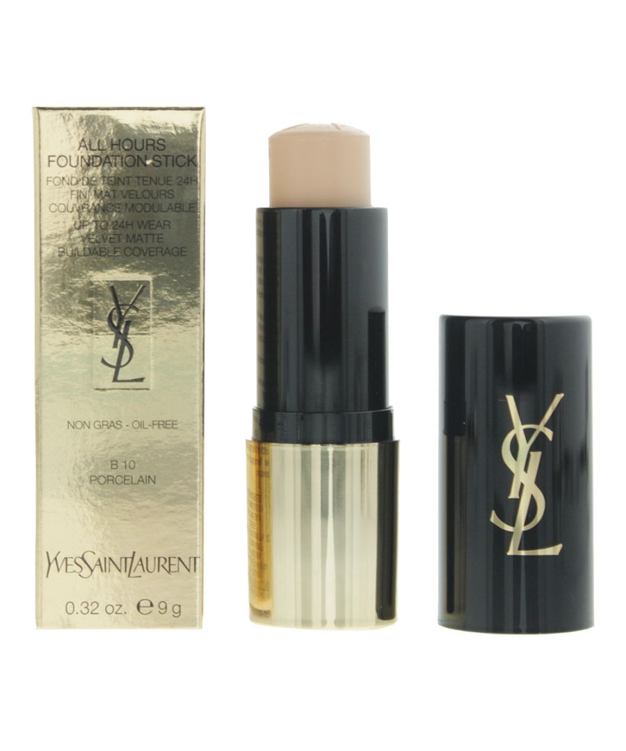 Yves Saint Laurent All Hours 24 Hours B10 Porcelain is a medium to full-coverage oil-free foundation stick. It helps to cover imperfections, control shine and even skin tone. This light cream -to-powder foundation provides buildable, natural, matte coverage.