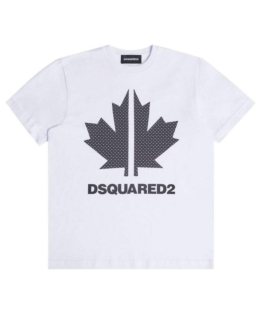 This White Cotton T-Shirt from Dsquared2 has short sleeves, crew neck, black dotted iconic canada leaf and a Dsquared2 print in a contrasting front.