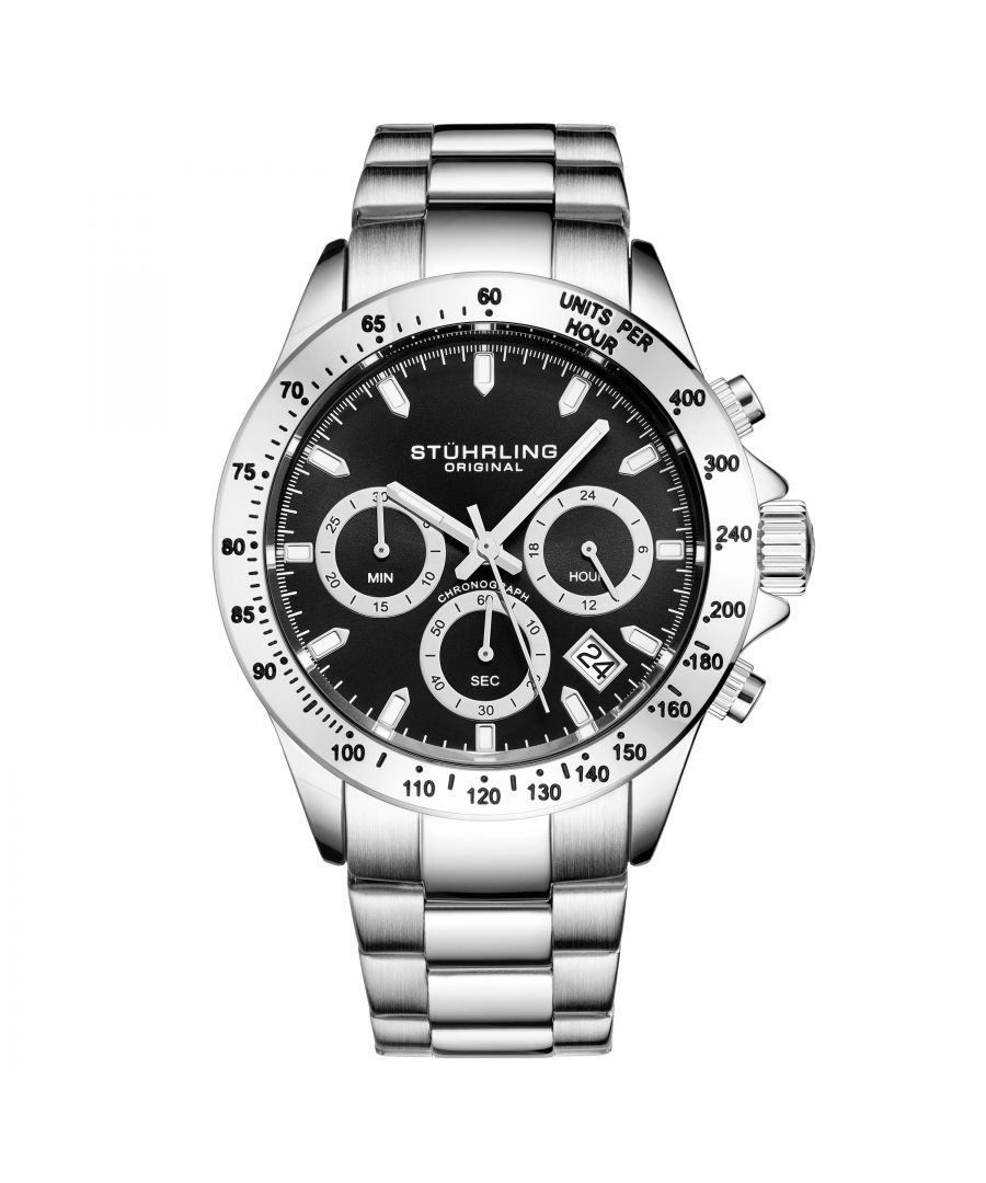 Men's Quartz Chronograph Date Watch, Silver Case, Black Dial, Stainless Steel Bracelet