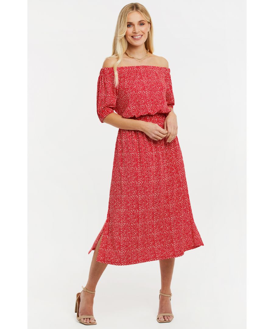 This printed, bardot-style midi dress from Threadbare features an elasticated off-the-shoulder neckline and waistband, elasticated cuffs, and side splits. Pair with trainers or high heels depending on the occasion. Also available in other prints.